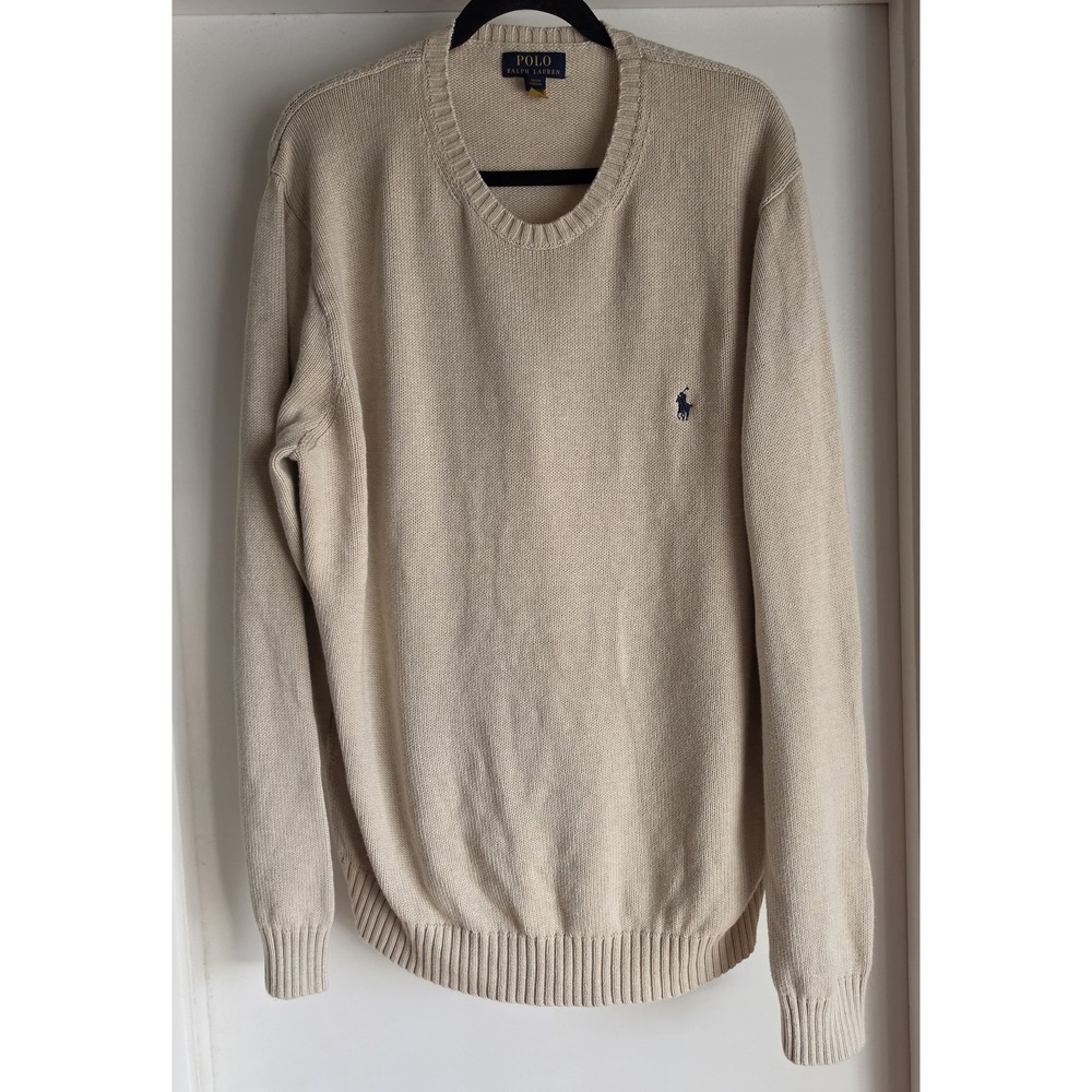 Polo Ralph Lauren Men XL Crew Neck Cotton Sweater Beige Solid Casual Pullover